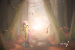 Size: 1800x1198 | Tagged: safe, artist:papaudopoulos69, fluttershy, pegasus, pony, female, floating, forest, looking at you, mare, path, smiling, solo, spread wings, wings