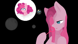 Size: 1280x720 | Tagged: safe, artist:roxybrett, pinkie pie, earth pony, pony, black background, bubble, bubble wand, cutie mark, female, flat mane, hoof hold, mare, pinkamena diane pie, simple background