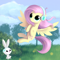 Size: 1000x1000 | Tagged: safe, artist:songbirdserenade, angel bunny, fluttershy, pegasus, pony, cute, duo, female, flying, headphones, male, mare, outdoors, shyabetes, signature, smiling, spread wings, wings