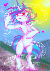 Size: 4961x7016 | Tagged: safe, artist:kindalkaykay, dj pon-3, vinyl scratch, pony, absurd resolution, bipedal, heart, music notes, red eyes, solo, stars, sunlight, swirl