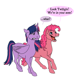 Size: 1605x1589 | Tagged: safe, artist:polarliger, derpibooru import, pinkie pie, twilight sparkle, twilight sparkle (alicorn), alicorn, earth pony, pony, dialogue, female, mare, pun, simple background, the twilight zone, transparent background