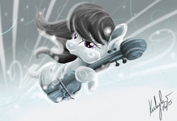 Size: 800x546 | Tagged: safe, artist:zene, octavia melody, windigo, cello, flying, glare, hoof hold, incorporeal, lidded eyes, looking at you, musical instrument, smiling, smirk, snow, solo, species swap, wind