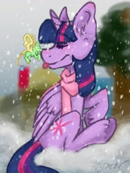 Size: 1024x1365 | Tagged: safe, artist:misocosmis, derpibooru import, twilight sparkle, twilight sparkle (alicorn), alicorn, pony, clothes, fairy, female, mare, scarf, snow, snowfall, tongue out