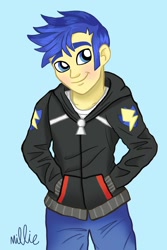 Size: 800x1200 | Tagged: safe, artist:millie dubois, flash sentry, better together, equestria girls, alternate hairstyle, blushing, clothes, cute, diasentres, hands in pockets, hoodie, looking at you, male