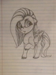 Size: 480x640 | Tagged: dead source, safe, artist:miokomata, fluttershy, pegasus, pony, lined paper, pencil drawing, raised hoof, sketch, solo, traditional art, unshorn fetlocks