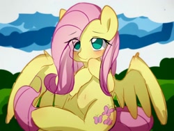 Size: 1440x1080 | Tagged: safe, artist:lan wu, fluttershy, pegasus, pony, belly button, blushing, cute, eye clipping through hair, female, mare, no pupils, shy, shyabetes, sitting, solo, spread wings, wings