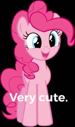 Size: 400x682 | Tagged: safe, pinkie pie, earth pony, pony, black background, cute, female, happy, image macro, mare, meme, open mouth, simple background, solo