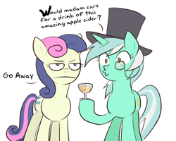 Size: 700x560 | Tagged: artist needed, source needed, safe, bon bon, lyra heartstrings, sweetie drops, :, bon bon is not amused, cider, classy, dialogue, drink, duo, glass, hat, monocle, simple background, top hat, translation, unamused, white background