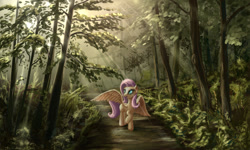 Size: 1280x768 | Tagged: safe, artist:stratodraw, fluttershy, pegasus, pony, crepuscular rays, female, forest, mare, open mouth, raised hoof, smiling, solo, sunlight, tree