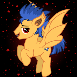 Size: 700x700 | Tagged: safe, artist:cloudyglow, flash sentry, bat pony, pony, bat ponified, fangs, male, race swap, smiling, solo, stallion