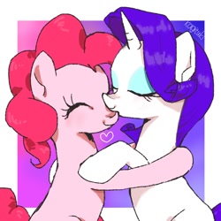 Size: 768x768 | Tagged: safe, artist:kagitsuki, pinkie pie, rarity, earth pony, pony, unicorn, eyes closed, female, heart, lesbian, mare, raripie, shipping, smiling