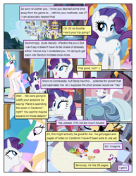 Size: 612x792 | Tagged: safe, artist:newbiespud, edit, edited screencap, screencap, opalescence, princess celestia, rarity, alicorn, cat, pony, unicorn, comic:friendship is dragons, canterlot, comic, dialogue, female, grin, mare, mirror, mountain, raised hoof, screencap comic, smiling, suitcase