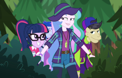 Size: 1676x1080 | Tagged: safe, screencap, cranky doodle donkey, princess celestia, princess luna, principal celestia, sci-twi, twilight sparkle, vice principal luna, better together, equestria girls, the road less scheduled, the road less scheduled: celestia, backwards ballcap, baseball cap, cap, cropped, excited, feather, feather necklace, female, flannel, glasses, grin, hat, jewelry, male, music festival outfit, necklace, outdoors, ponytail, siblings, sisters, smiling