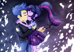 Size: 1600x1131 | Tagged: safe, artist:jucamovi1992, flash sentry, sci-twi, twilight sparkle, equestria girls, equestria girls series, blushing, clothes, eyes closed, female, flashlight, glasses, jacket, kissing, male, ponytail, romantic, sciflash, shipping, skirt, straight