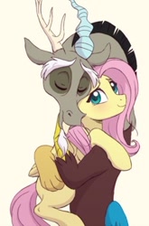 Size: 352x533 | Tagged: safe, artist:akeahi, edit, discord, fluttershy, draconequus, pegasus, pony, cropped, discoshy, female, folded wings, hug, male, needs more jpeg, shipping, simple background, straight