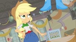 Size: 1100x618 | Tagged: safe, screencap, applejack, pinkie pie, equestria girls, equestria girls (movie), annoyed, apple cider, balloon, basketball net, boots, cider, crate, disco ball, hand on hip, high heel boots