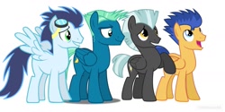 Size: 1560x780 | Tagged: safe, flash sentry, sky stinger, soarin', thunderlane, pegasus, pony, friendshipping, goggles, missing cutie mark, one of these things is not like the others, posse, simple background, white background