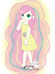 Size: 1024x1365 | Tagged: safe, artist:roxenmaratoun, fluttershy, human, abstract background, anime, clothes, cute, cutie mark accessory, dress, ear piercing, earring, humanized, jewelry, piercing, plushie, powerpuff girls z, sandals, shy, watermark