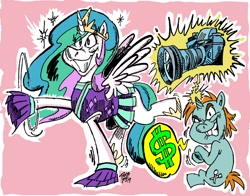 Size: 1280x1003 | Tagged: safe, artist:grotezco, princess celestia, snips, alicorn, pony, 2 4 6 greaaat, big grin, camera, cheerleader, cheerleader celestia, cheerleader outfit, cheerleader uniform, clothes, dollar sign, evil grin, glowing horn, greed, grin, horn, lavender background, le happy merchant, looking at you, magic, photo shoot, pom pom, raised wings, rubbing hooves, sillestia, silly, simple background, smiling, sparkles, spread wings, telekinesis, wings