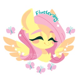 Size: 500x500 | Tagged: safe, artist:snow angel, fluttershy, pegasus, pony, bust, cute, eyes closed, female, mare, name, portrait, shyabetes, simple background, smiling, solo, wings