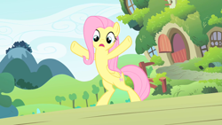 Size: 1280x720 | Tagged: safe, screencap, fluttershy, pegasus, pony, the cutie mark chronicles, bipedal, fluttershy's cottage, hooves in air, standing