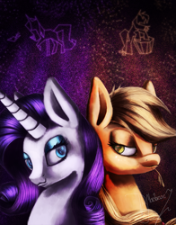 Size: 1021x1300 | Tagged: safe, artist:shivannie, applejack, rarity, earth pony, pony, unicorn, bust, constellation, cutie mark, female, lesbian, mouth hold, portrait, rarijack, shipping, side by side, signature