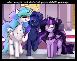 Size: 4248x3344 | Tagged: safe, artist:duop-qoub, princess celestia, princess luna, twilight sparkle, twilight sparkle (alicorn), alicorn, pony, chest fluff, collar, cringing, descended twilight, ethereal mane, female, future future twilight, mare, missing accessory, relatable, smiling, smirk