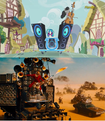 Size: 849x976 | Tagged: safe, screencap, dj pon-3, octavia melody, vinyl scratch, earth pony, pony, slice of life (episode), coma-doof warrior, comparison, doof wagon, mad max, mad max fury road, wubcart