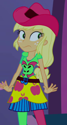 Size: 310x580 | Tagged: safe, screencap, applejack, equestria girls, rainbow rocks, cropped, heart, music notes, rainbow rocks outfit, solo