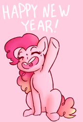 Size: 1080x1586 | Tagged: dead source, safe, artist:the-pastel-artisan, pinkie pie, earth pony, pony, cute, dialogue, diapinkes, eyes closed, female, heart mouth, mare, new year, open mouth, pink background, raised hoof, simple background, sitting, smiling, solo