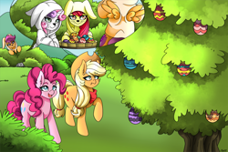 Size: 6000x4000 | Tagged: safe, artist:ciderpunk, apple bloom, applejack, pinkie pie, scootaloo, sweetie belle, earth pony, pony, absurd resolution, animal costume, apple orchard, bucket, bunny costume, clothes, colored pupils, costume, cutie mark crusaders, easter, easter egg, sweet apple acres, tree