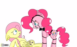 Size: 3720x2282 | Tagged: safe, artist:ferretlovr257, fluttershy, pinkie pie, earth pony, pegasus, pony, robot, robot pony, bowtie, duo, female, five nights at freddy's, five nights at pinkie's, flashlight (object), frown, gritted teeth, lying, mare, on back, simple background, smiling, standing, white background, worried