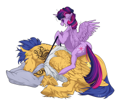 Size: 1200x1000 | Tagged: safe, artist:rossignolet, flash sentry, twilight sparkle, twilight sparkle (alicorn), alicorn, pony, angry, blushing, buff, female, flash hunktry, flashlight, male, muscles, shipping, simple background, sleeping, straight, tattoo, tongue out, torn ear, transparent background