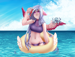 Size: 1600x1200 | Tagged: safe, artist:tolsticot, oc, oc only, anthro, crab, armpits, big breasts, bikini, breasts, clothes, female, inner tube, ocean, swimsuit