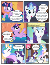 Size: 612x792 | Tagged: safe, artist:newbiespud, edit, edited screencap, screencap, princess celestia, rarity, twilight sparkle, unicorn twilight, alicorn, earth pony, pony, unicorn, comic:friendship is dragons, bed, big crown thingy, comic, dialogue, disguise, fake moustache, female, glowing horn, hoof shoes, horn, jewelry, looking up, magic, mare, peytral, raised hoof, regalia, screencap comic, telekinesis