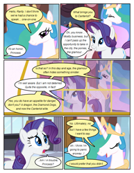 Size: 612x792 | Tagged: safe, artist:newbiespud, edit, edited screencap, screencap, princess celestia, rarity, alicorn, pony, unicorn, comic:friendship is dragons, big crown thingy, comic, dialogue, eyes closed, female, jewelry, looking up, mare, peytral, regalia, screencap comic, window