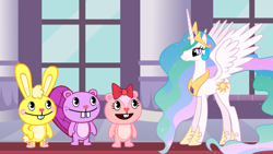 Size: 1986x1117 | Tagged: safe, artist:kaplanboys214, princess celestia, alicorn, beaver, chipmunk, pony, rabbit, animal, cuddles (happy tree friends), giggles (happy tree friends), happy tree friends, this will end in death, this will end in pain, this will end in tears, this will end in tears and/or death, this will not end well, toothy, toothy (happy tree friends)