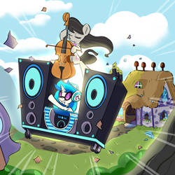 Size: 1320x1320 | Tagged: safe, artist:artguydis, dj pon-3, octavia melody, vinyl scratch, earth pony, pony, unicorn, slice of life (episode), cello, cloud, duo, eyes closed, female, headphones, mare, musical instrument, scene interpretation, sky, smiling, that was fast, vinyl and octavia's home, wubcart