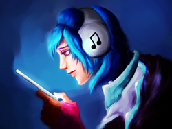 Size: 1600x1200 | Tagged: safe, artist:amskeey, dj pon-3, vinyl scratch, equestria girls, clothes, headphones, humanized, scarf