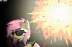 Size: 2499x1654 | Tagged: safe, artist:maxiclouds, fluttershy, oc, oc:mariasha, pegasus, pony, badass, black background, clothes, cool, cool guys don't look at explosions, explosion, female, flutterbadass, mare, piercing, simple background, solo, sunglasses, swag