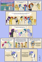 Size: 737x1085 | Tagged: safe, artist:lumenglace, braeburn, caramel, dj pon-3, scootaloo, snails, vinyl scratch, oc, oc:aero, oc:ashley, oc:carrie shadow, oc:creamsicle delight, oc:evening rose, oc:heart reader, oc:lady froey, oc:nimbostratus, oc:sky streak, oc:stella lux, oc:velvet cheveux, pony, unicorn, ask stella lux, comic, feels, female to male, glitter shell, group, male to female, transgender