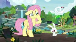 Size: 1920x1080 | Tagged: safe, screencap, angel bunny, clementine, discord, fluttershy, harry, draconequus, ferret, giraffe, goat, otter, pegasus, pony, rabbit, season 8, spoiler:s08, cute, eating, floppy ears, hoof on cheek, intro, messy eating, shyabetes, smiling, sweet feather sanctuary