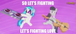 Size: 1280x571 | Tagged: safe, edit, edited screencap, screencap, dj pon-3, octavia melody, vinyl scratch, earth pony, pony, slice of life (episode), :3, caption, cello, engrish, faic, female, good times with weapons, image macro, insertavia, lesbian, let's fighting love, musical instrument, scratchtavia, shipping, song reference, south park, text, turntable