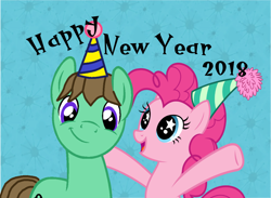 Size: 1052x768 | Tagged: safe, pinkie pie, oc, oc:ian, earth pony, pony, abstract background, duo, female, hat, male, mare, new year, party hat, stallion, starry eyes, wingding eyes