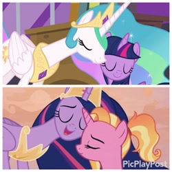 Size: 3264x3264 | Tagged: safe, edit, edited screencap, screencap, luster dawn, princess celestia, princess twilight 2.0, twilight sparkle, twilight sparkle (alicorn), alicorn, pony, unicorn, the last problem, crown, cute, cutelestia, daaaaaaaaaaaw, eyes closed, full circle, jewelry, lusterbetes, mama twilight, momlestia, nuzzling, picplaypost, regalia, twiabetes