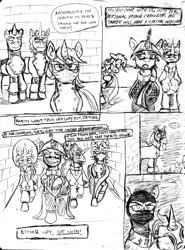 Size: 1525x2057 | Tagged: safe, artist:bylisboa, derpibooru import, twilight sparkle, oc, oc:father mckenzie, comic:equestria divided, comic, equestria divided, house moon and star, implied rarity, monochrome