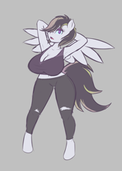 Size: 1034x1450 | Tagged: safe, artist:funble, oc, oc:silver dust, anthro, pegasus, unguligrade anthro, anthro oc, arm behind head, armpits, big breasts, breasts, busty oc, gray background, huge breasts, simple background