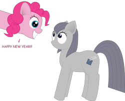 Size: 3110x2508 | Tagged: safe, artist:onil innarin, derpibooru exclusive, pinkie pie, oc, oc only, oc:slate pie, earth pony, pony, dialogue, duo, female, grin, happy new year, holiday, looking at each other, mare, simple background, smiling, surprised, transparent background, vector