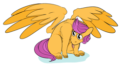 Size: 1835x977 | Tagged: safe, artist:10soup, scootaloo, pegasus, pony, colored, simple background, sitting, solo, tongue out, white background, wings