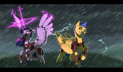 Size: 1024x602 | Tagged: safe, artist:joan-grace, flash sentry, twilight sparkle, twilight sparkle (alicorn), alicorn, pegasus, pony, alternate universe, clothes, female, flashlight, flirting, grass, male, mare, rain, shipping, smiling, stallion, straight